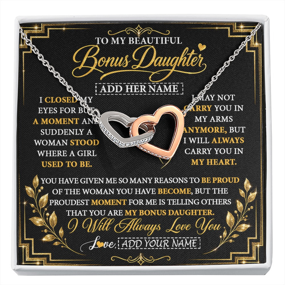 Interlocking Hearts Necklace Stainless Steel & Rose Gold Finish | 1 | Personalized To My Beautiful Bonus Daughter Gifts From Dad Mom Pendant Necklace I Close My Eyes Birthday Gifts Christmas Graduation Gift Box Message Card | https://siriusteestore.
