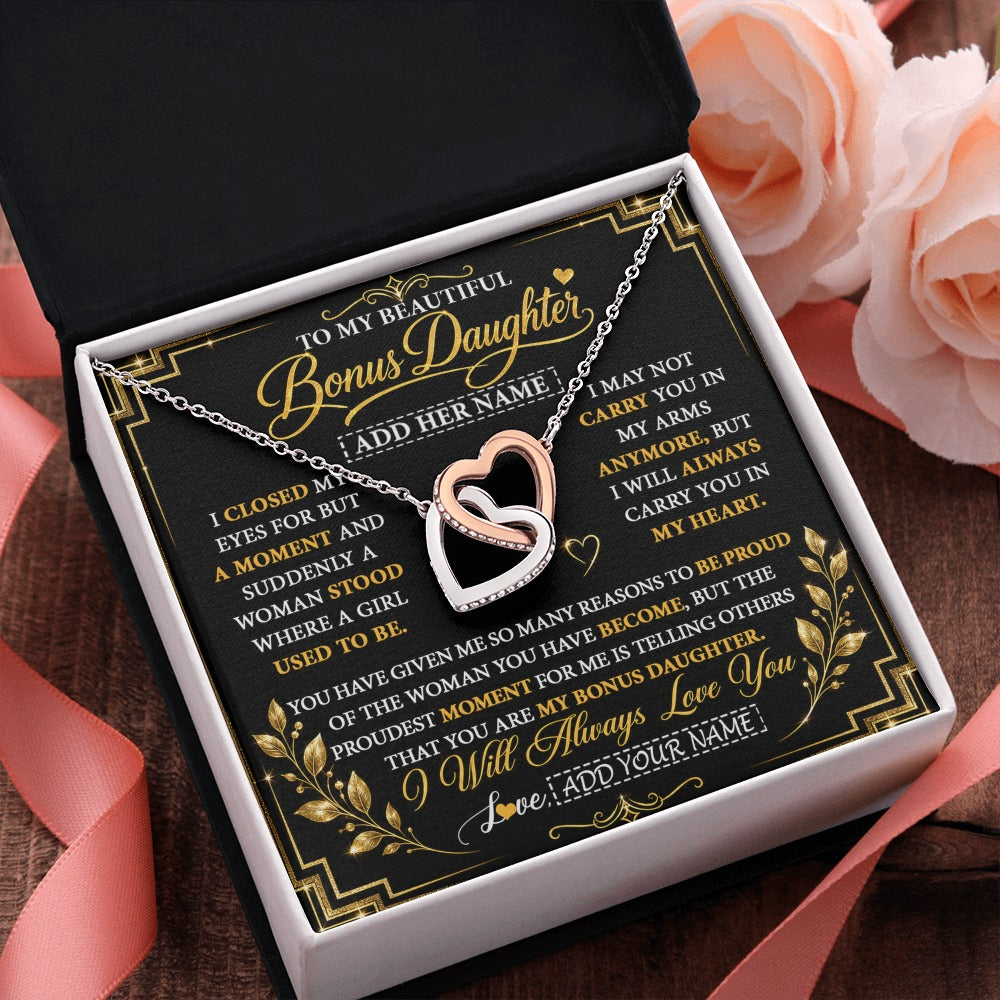 Interlocking Hearts Necklace Stainless Steel & Rose Gold Finish | 2 | Personalized To My Beautiful Bonus Daughter Gifts From Dad Mom Pendant Necklace I Close My Eyes Birthday Gifts Christmas Graduation Gift Box Message Card | https://siriusteestore.