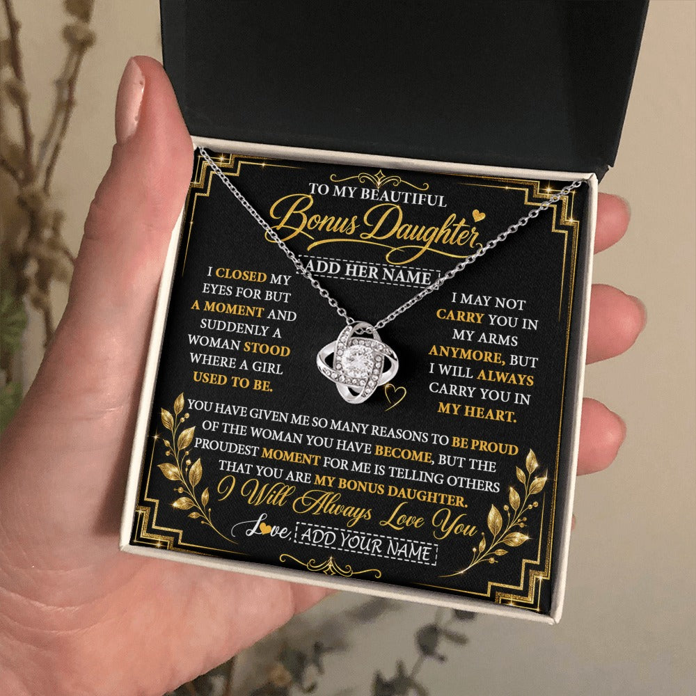 Love Knot Necklace 14K White Gold Finish | 2 | Personalized To My Beautiful Bonus Daughter Gifts From Dad Mom Pendant Necklace I Close My Eyes Birthday Gifts Christmas Graduation Gift Box Message Card | https://siriusteestore.