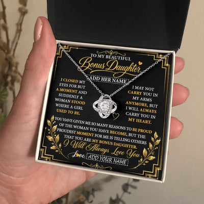 Love Knot Necklace 14K White Gold Finish | 2 | Personalized To My Beautiful Bonus Daughter Gifts From Dad Mom Pendant Necklace I Close My Eyes Birthday Gifts Christmas Graduation Gift Box Message Card | https://siriusteestore.