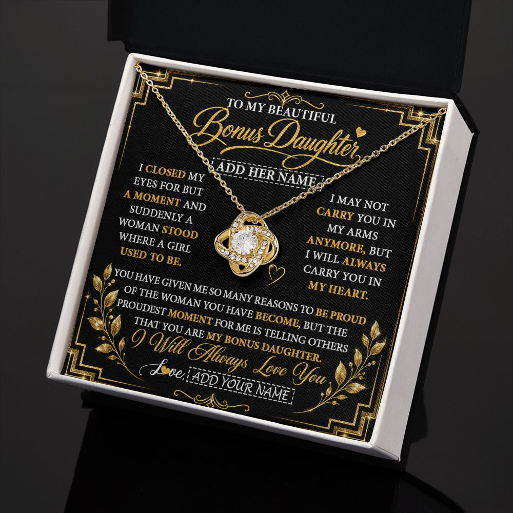 Love Knot Necklace 18K Yellow Gold Finish | 2 | Personalized To My Beautiful Bonus Daughter Gifts From Dad Mom Pendant Necklace I Close My Eyes Birthday Gifts Christmas Graduation Gift Box Message Card | https://siriusteestore.