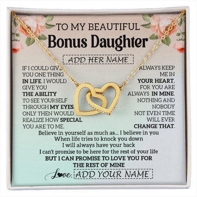 Interlocking Hearts Necklace 18K Yellow Gold Finish | 1 | Personalized To My Beautiful Bonus Daughter Gifts Necklace From Step Mom Love Jewelry For Stepddaughter Birthday Christmas Customized Gift Box Message Card | siriusteestore