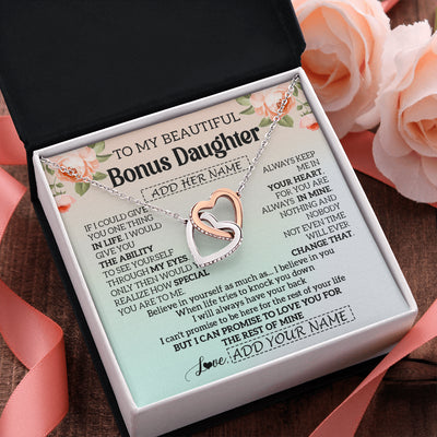 Interlocking Hearts Necklace Stainless Steel & Rose Gold Finish | 2 | Personalized To My Beautiful Bonus Daughter Gifts Necklace From Step Mom Love Jewelry For Stepddaughter Birthday Christmas Customized Gift Box Message Card | siriusteestore