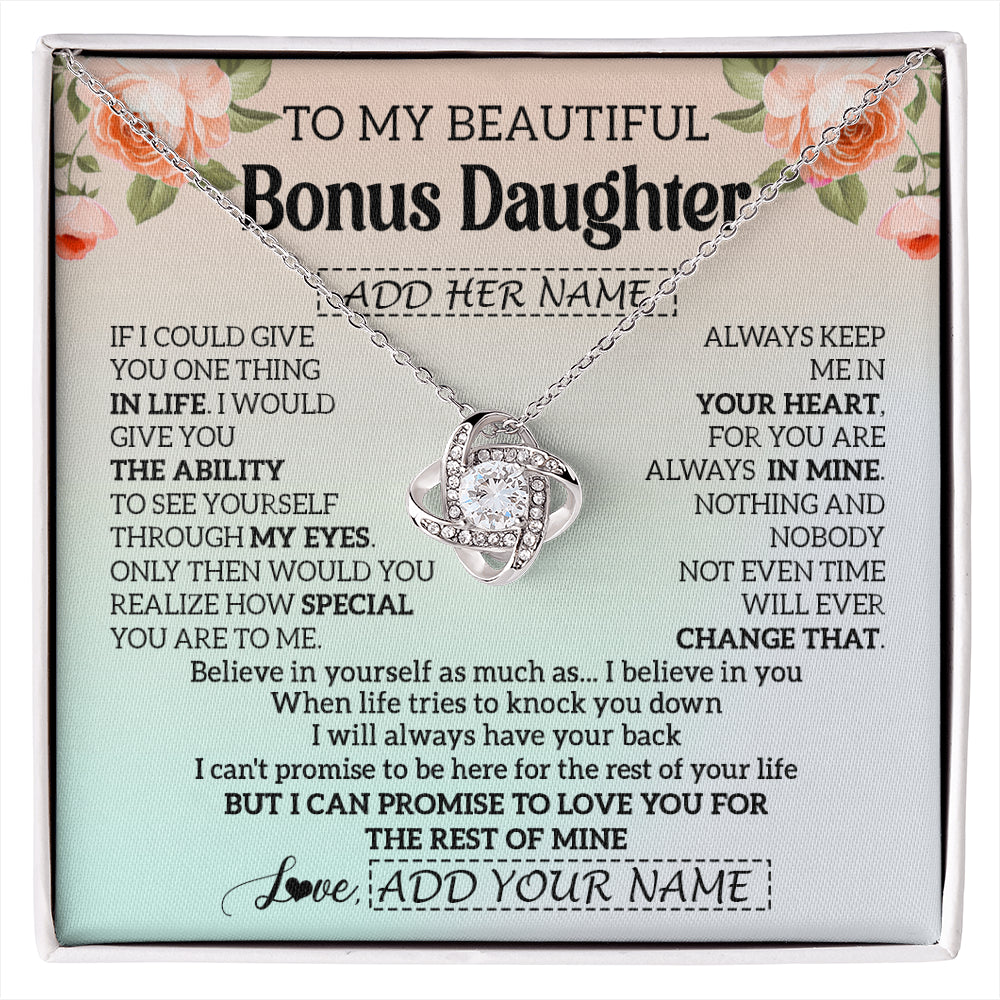 Love Knot Necklace 14K White Gold Finish | 1 | Personalized To My Beautiful Bonus Daughter Gifts Necklace From Step Mom Love Jewelry For Stepddaughter Birthday Christmas Customized Gift Box Message Card | siriusteestore