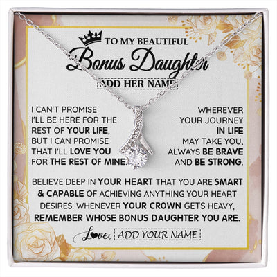 Alluring Beauty Necklace 14K White Gold Finish | 1 | Personalized To My Beautiful Bonus Daughter Gifts Necklace From Stepmom Stepdad Crown Jewelry Present On Birthday Stepdaughter Christmas Gift Box Message Card | https://siriusteestore.