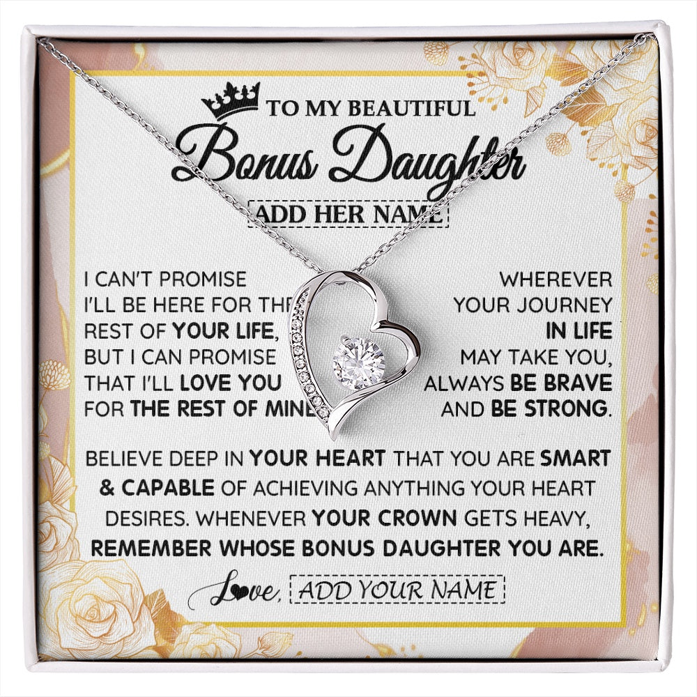 Forever Love Necklace 14K White Gold Finish | 1 | Personalized To My Beautiful Bonus Daughter Gifts Necklace From Stepmom Stepdad Crown Jewelry Present On Birthday Stepdaughter Christmas Gift Box Message Card | https://siriusteestore.
