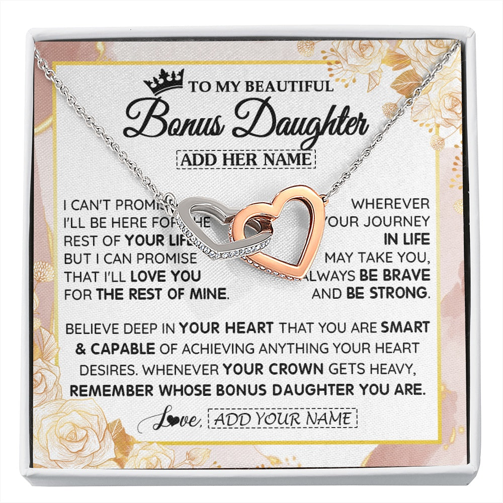 Interlocking Hearts Necklace Stainless Steel & Rose Gold Finish | 1 | Personalized To My Beautiful Bonus Daughter Gifts Necklace From Stepmom Stepdad Crown Jewelry Present On Birthday Stepdaughter Christmas Gift Box Message Card | https://siriusteestore.