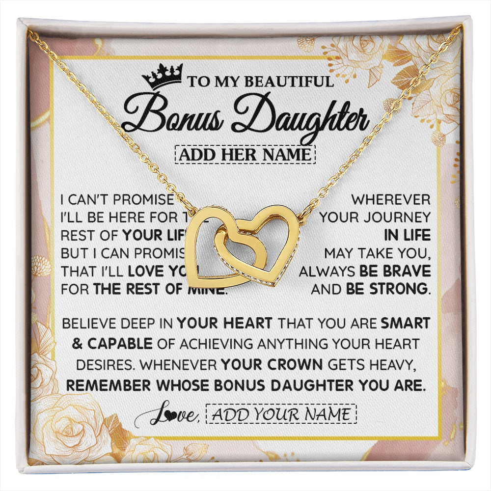 Interlocking Hearts Necklace 18K Yellow Gold Finish | 1 | Personalized To My Beautiful Bonus Daughter Gifts Necklace From Stepmom Stepdad Crown Jewelry Present On Birthday Stepdaughter Christmas Gift Box Message Card | https://siriusteestore.