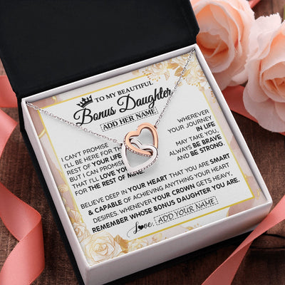 Interlocking Hearts Necklace Stainless Steel & Rose Gold Finish | 2 | Personalized To My Beautiful Bonus Daughter Gifts Necklace From Stepmom Stepdad Crown Jewelry Present On Birthday Stepdaughter Christmas Gift Box Message Card | https://siriusteestore.