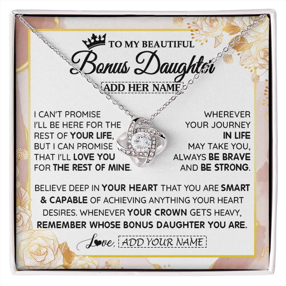 Love Knot Necklace 14K White Gold Finish | 1 | Personalized To My Beautiful Bonus Daughter Gifts Necklace From Stepmom Stepdad Crown Jewelry Present On Birthday Stepdaughter Christmas Gift Box Message Card | https://siriusteestore.