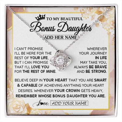 Love Knot Necklace 14K White Gold Finish | 1 | Personalized To My Beautiful Bonus Daughter Gifts Necklace From Stepmom Stepdad Crown Jewelry Present On Birthday Stepdaughter Christmas Gift Box Message Card | https://siriusteestore.