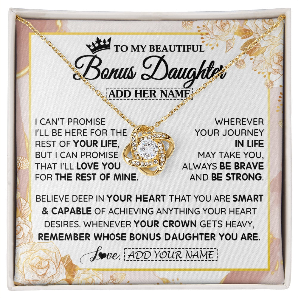 Love Knot Necklace 18K Yellow Gold Finish | 1 | Personalized To My Beautiful Bonus Daughter Gifts Necklace From Stepmom Stepdad Crown Jewelry Present On Birthday Stepdaughter Christmas Gift Box Message Card | https://siriusteestore.