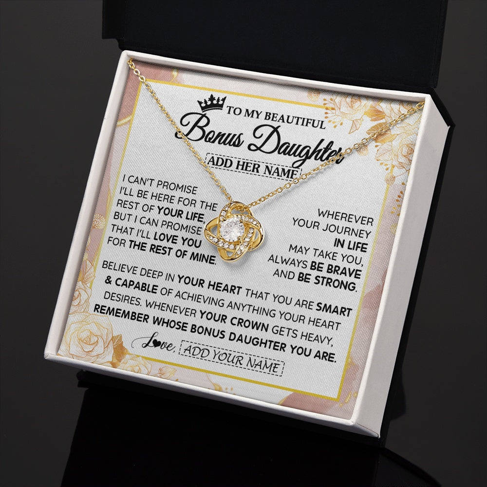 Love Knot Necklace 18K Yellow Gold Finish | 2 | Personalized To My Beautiful Bonus Daughter Gifts Necklace From Stepmom Stepdad Crown Jewelry Present On Birthday Stepdaughter Christmas Gift Box Message Card | https://siriusteestore.