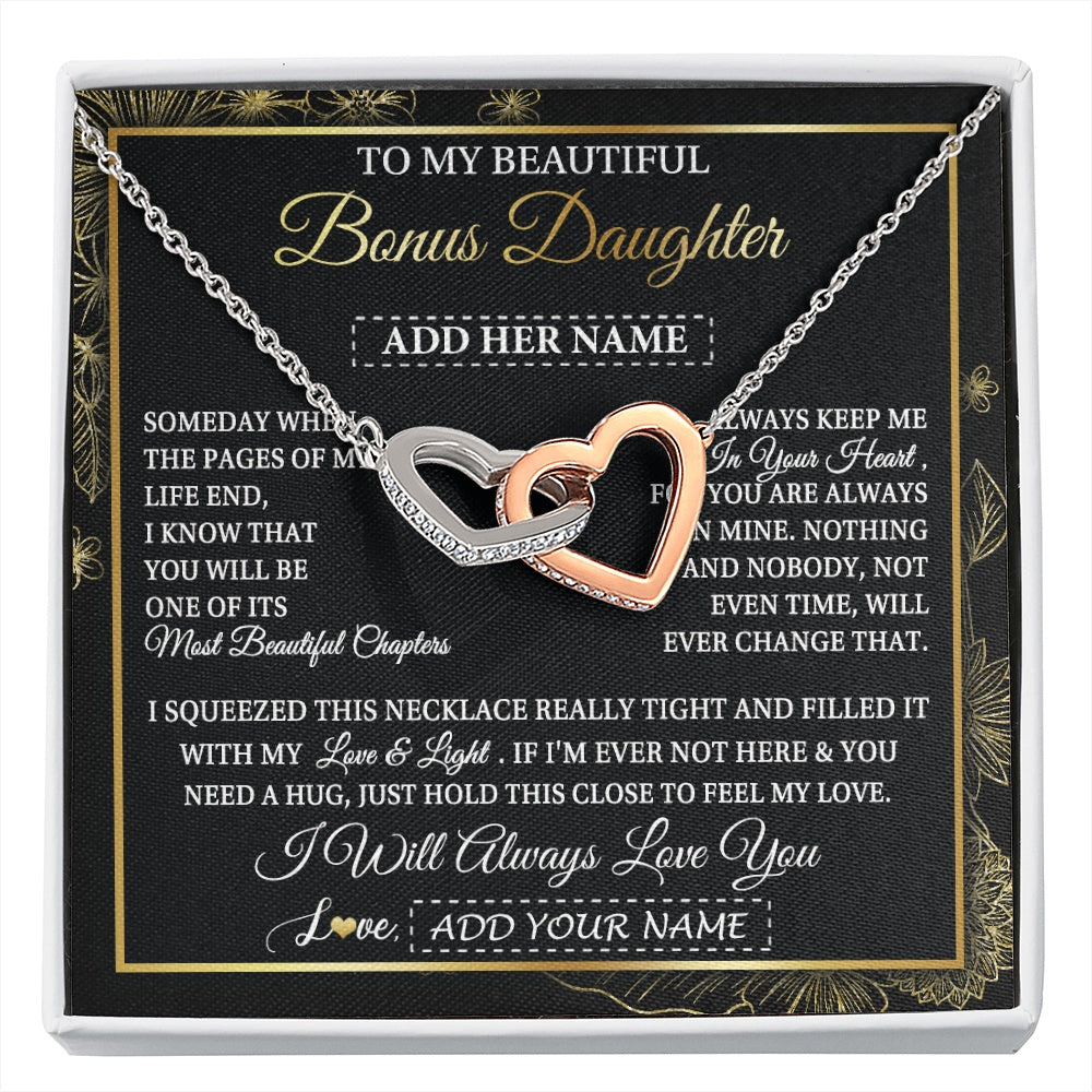 Interlocking Hearts Necklace Stainless Steel & Rose Gold Finish | 1 | Personalized To My Beautiful Bonus Daughter Gifts Necklace From Stepmom Stepdad Feel My Love For Adult Stepdaughter Christmas Graduation Gift Box Message Card | https://siriusteestore.
