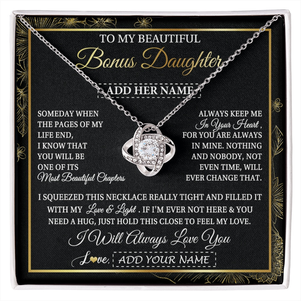 Love Knot Necklace 14K White Gold Finish | 1 | Personalized To My Beautiful Bonus Daughter Gifts Necklace From Stepmom Stepdad Feel My Love For Adult Stepdaughter Christmas Graduation Gift Box Message Card | https://siriusteestore.