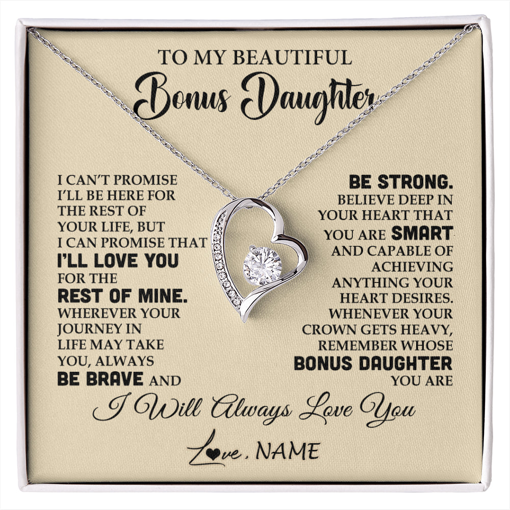 Forever Love Necklace 14K White Gold Finish | 1 | Personalized To My Beautiful Bonus Daughter Gifts Necklace From Stepmom Stepdad Inspirational Birthday Gift For Stepddaughter Graduation Christmas Message Card | siriusteestore