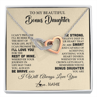 Interlocking Hearts Necklace Stainless Steel & Rose Gold Finish | 1 | Personalized To My Beautiful Bonus Daughter Gifts Necklace From Stepmom Stepdad Inspirational Birthday Gift For Stepddaughter Graduation Christmas Message Card | siriusteestore