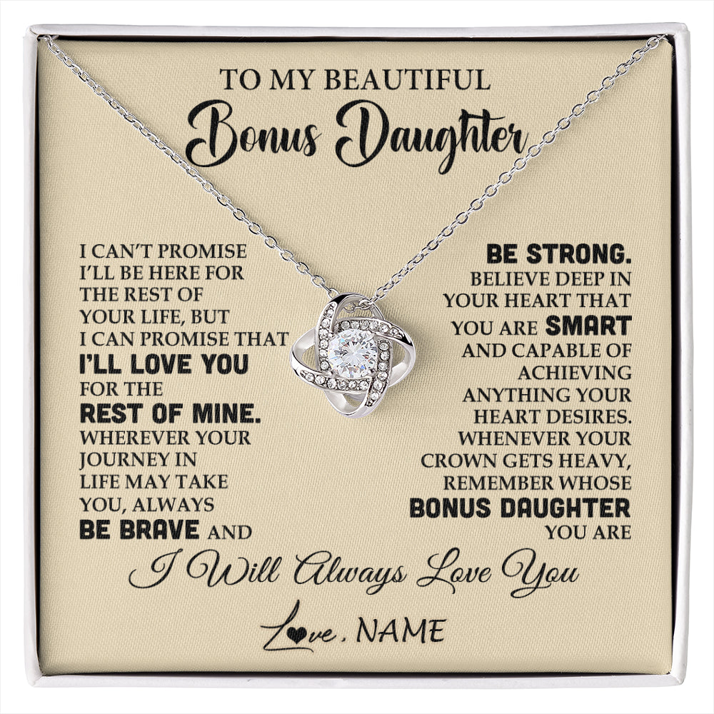 Love Knot Necklace 14K White Gold Finish | 1 | Personalized To My Beautiful Bonus Daughter Gifts Necklace From Stepmom Stepdad Inspirational Birthday Gift For Stepddaughter Graduation Christmas Message Card | siriusteestore