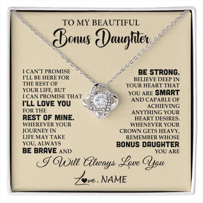 Love Knot Necklace 14K White Gold Finish | 1 | Personalized To My Beautiful Bonus Daughter Gifts Necklace From Stepmom Stepdad Inspirational Birthday Gift For Stepddaughter Graduation Christmas Message Card | siriusteestore