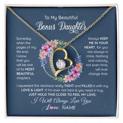 Forever Love Necklace 18K Yellow Gold Finish | 1 | Personalized To My Beautiful Bonus Daughter Necklace From Bonus Mom Someday When The Pages Bonus Daughter Birthday Christmas Customized Gift Box Message Card | siriusteestore