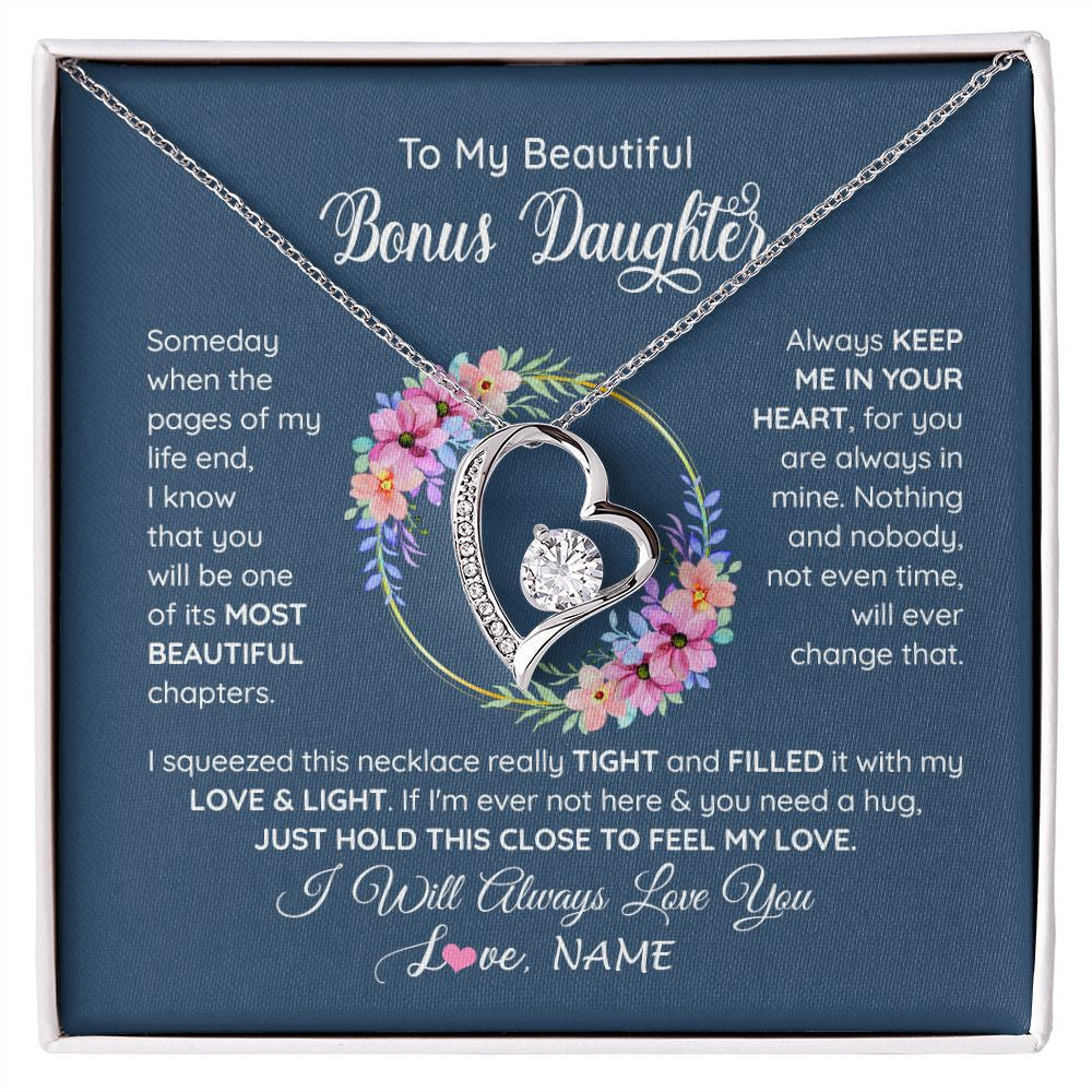 Forever Love Necklace | Personalized To My Beautiful Bonus Daughter Necklace From Bonus Mom Someday When The Pages Bonus Daughter Birthday Christmas Customized Gift Box Message Card | siriusteestore