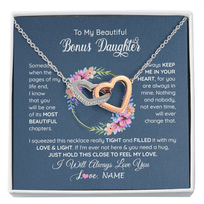 Interlocking Hearts Necklace | Personalized To My Beautiful Bonus Daughter Necklace From Bonus Mom Someday When The Pages Bonus Daughter Birthday Christmas Customized Gift Box Message Card | siriusteestore