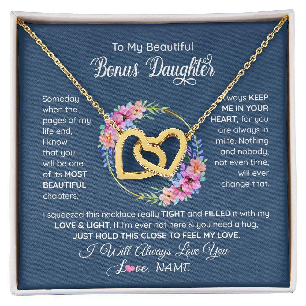 Interlocking Hearts Necklace 18K Yellow Gold Finish | 1 | Personalized To My Beautiful Bonus Daughter Necklace From Bonus Mom Someday When The Pages Bonus Daughter Birthday Christmas Customized Gift Box Message Card | siriusteestore