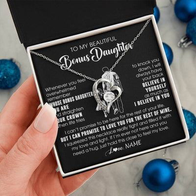 Forever Love Necklace 14K White Gold Finish | 2 | Personalized To My Beautiful Bonus Daughter Necklace From Step Dad Believe In Yourself Stepdaughter Birthday Gifts Jewelry Christmas Customized Message Card | siriusteestore