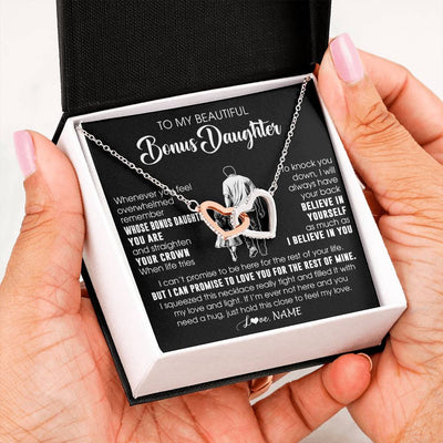 Interlocking Hearts Necklace Stainless Steel & Rose Gold Finish | 2 | Personalized To My Beautiful Bonus Daughter Necklace From Step Dad Believe In Yourself Stepdaughter Birthday Gifts Jewelry Christmas Customized Message Card | siriusteestore