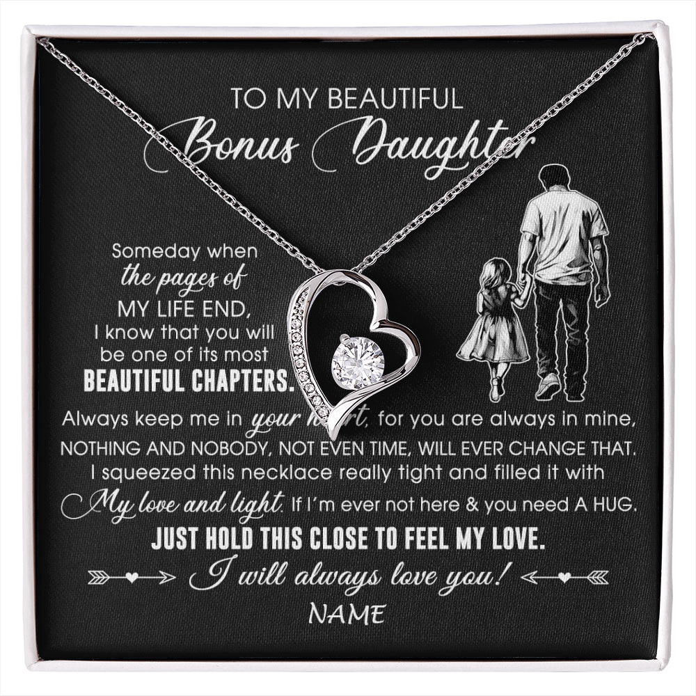 Forever Love Necklace 14K White Gold Finish | 1 | Personalized To My Beautiful Bonus Daughter Necklace From Stepdad Always Love You Stepdaugher Birthday Graduation Christmas Customized Gift Box Message Card | siriusteestore