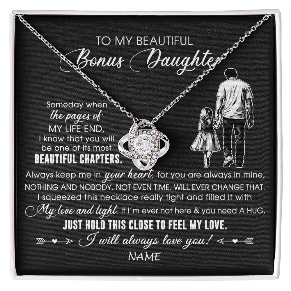 Love Knot Necklace 14K White Gold Finish | 1 | Personalized To My Beautiful Bonus Daughter Necklace From Stepdad Always Love You Stepdaugher Birthday Graduation Christmas Customized Gift Box Message Card | siriusteestore