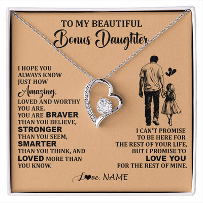 Forever Love Necklace 14K White Gold Finish | 1 | Personalized To My Beautiful Bonus Daughter Necklace From Stepdad Promise To Love You Stepddaughter Birthday JewelryChristmas Customized Gift Box Message Card | siriusteestore
