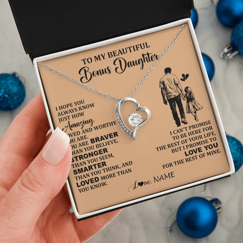 Forever Love Necklace 14K White Gold Finish | 2 | Personalized To My Beautiful Bonus Daughter Necklace From Stepdad Promise To Love You Stepddaughter Birthday JewelryChristmas Customized Gift Box Message Card | siriusteestore