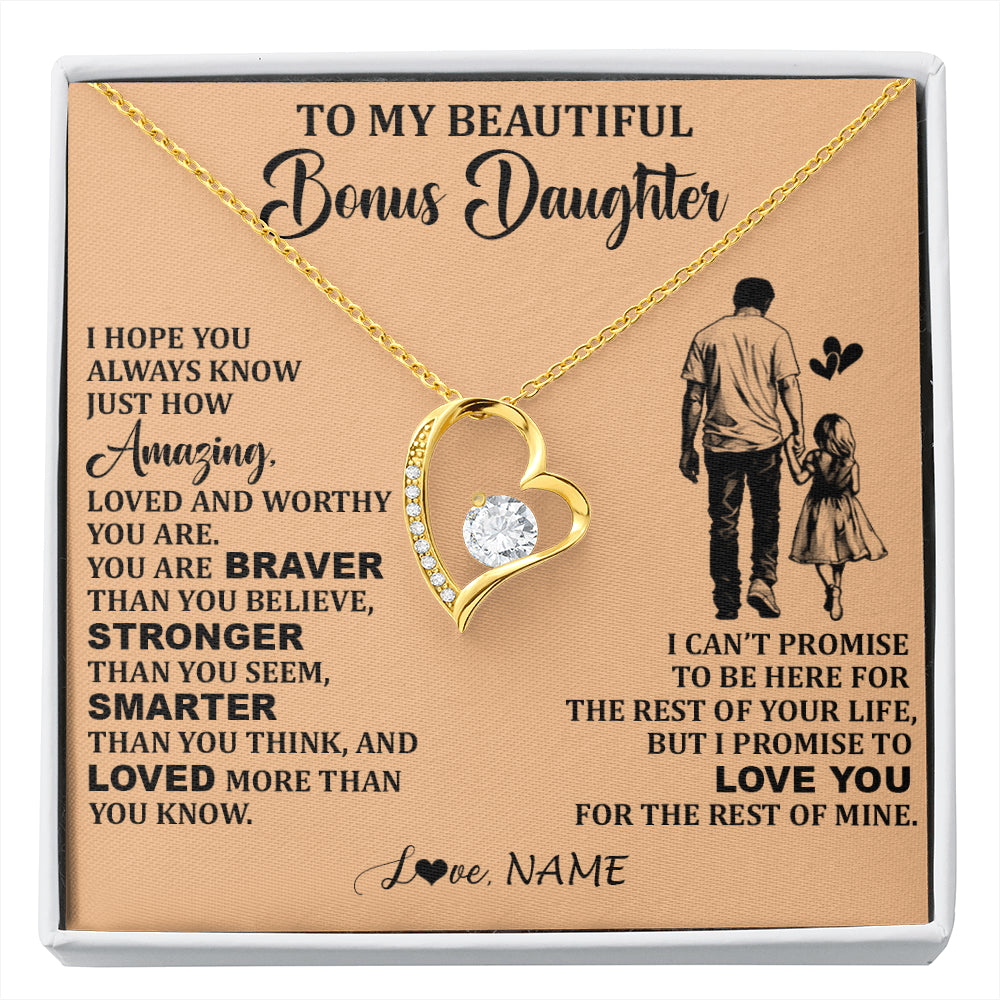 Forever Love Necklace 18K Yellow Gold Finish | 1 | Personalized To My Beautiful Bonus Daughter Necklace From Stepdad Promise To Love You Stepddaughter Birthday JewelryChristmas Customized Gift Box Message Card | siriusteestore