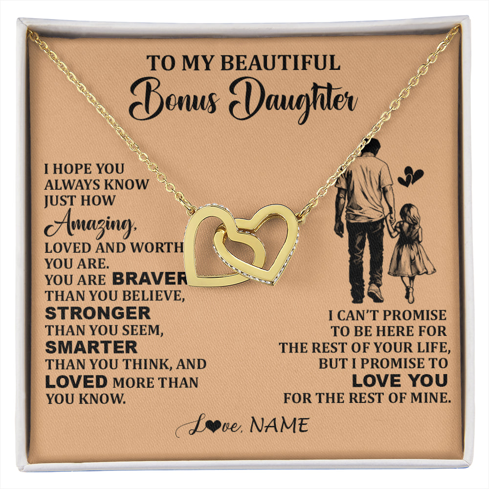 Interlocking Hearts Necklace 18K Yellow Gold Finish | 1 | Personalized To My Beautiful Bonus Daughter Necklace From Stepdad Promise To Love You Stepddaughter Birthday JewelryChristmas Customized Gift Box Message Card | siriusteestore