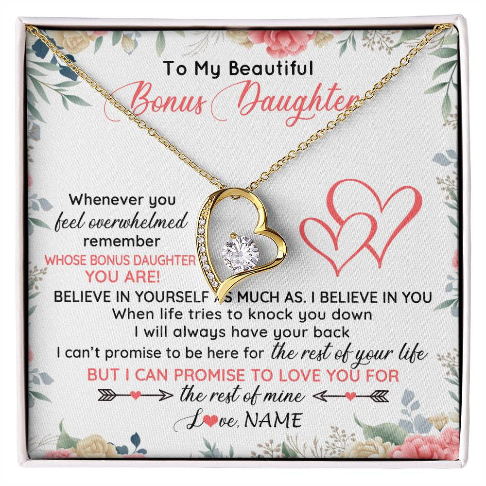 Forever Love Necklace 18K Yellow Gold Finish | 1 | Personalized To My Beautiful Bonus Daughter Necklace From Stepfather Believe In You Stepdaughter Birthday Christmas Jewelry Customized Gift Box Message Card | siriusteestore