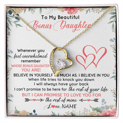 Forever Love Necklace 18K Yellow Gold Finish | 1 | Personalized To My Beautiful Bonus Daughter Necklace From Stepfather Believe In You Stepdaughter Birthday Christmas Jewelry Customized Gift Box Message Card | siriusteestore