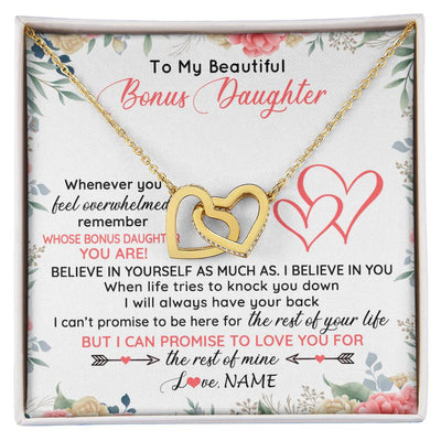 Interlocking Hearts Necklace 18K Yellow Gold Finish | 1 | Personalized To My Beautiful Bonus Daughter Necklace From Stepfather Believe In You Stepdaughter Birthday Christmas Jewelry Customized Gift Box Message Card | siriusteestore