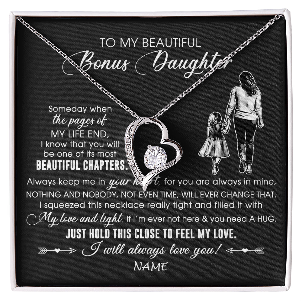 Forever Love Necklace 14K White Gold Finish | 1 | Personalized To My Beautiful Bonus Daughter Necklace From Stepmom Always Love You Stepdaugher Birthday Graduation Christmas Customized Gift Box Message Card | siriusteestore