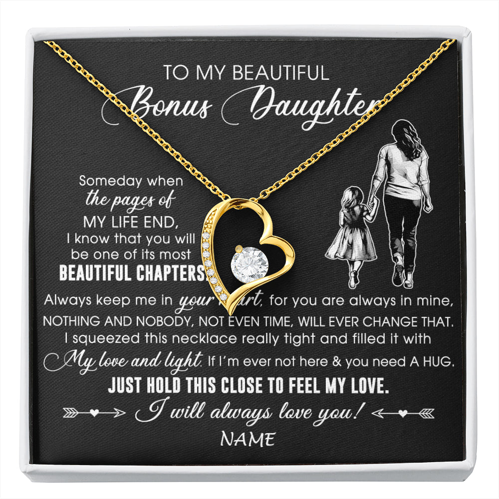 Forever Love Necklace 18K Yellow Gold Finish | 1 | Personalized To My Beautiful Bonus Daughter Necklace From Stepmom Always Love You Stepdaugher Birthday Graduation Christmas Customized Gift Box Message Card | siriusteestore