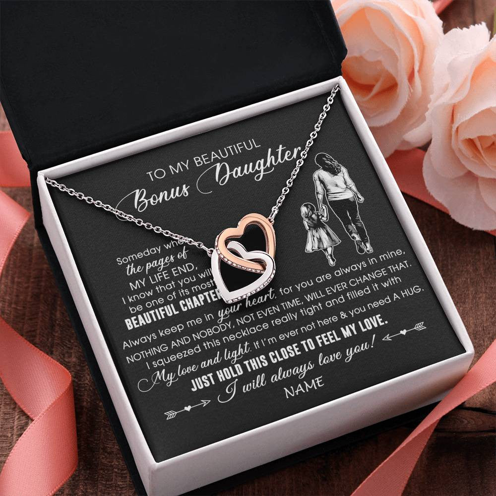 Interlocking Hearts Necklace Stainless Steel & Rose Gold Finish | 2 | Personalized To My Beautiful Bonus Daughter Necklace From Stepmom Always Love You Stepdaugher Birthday Graduation Christmas Customized Gift Box Message Card | siriusteestore