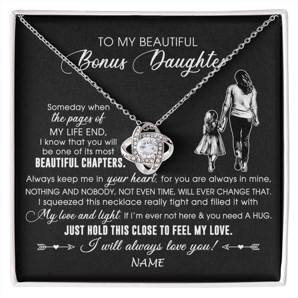 Love Knot Necklace 14K White Gold Finish | 1 | Personalized To My Beautiful Bonus Daughter Necklace From Stepmom Always Love You Stepdaugher Birthday Graduation Christmas Customized Gift Box Message Card | siriusteestore