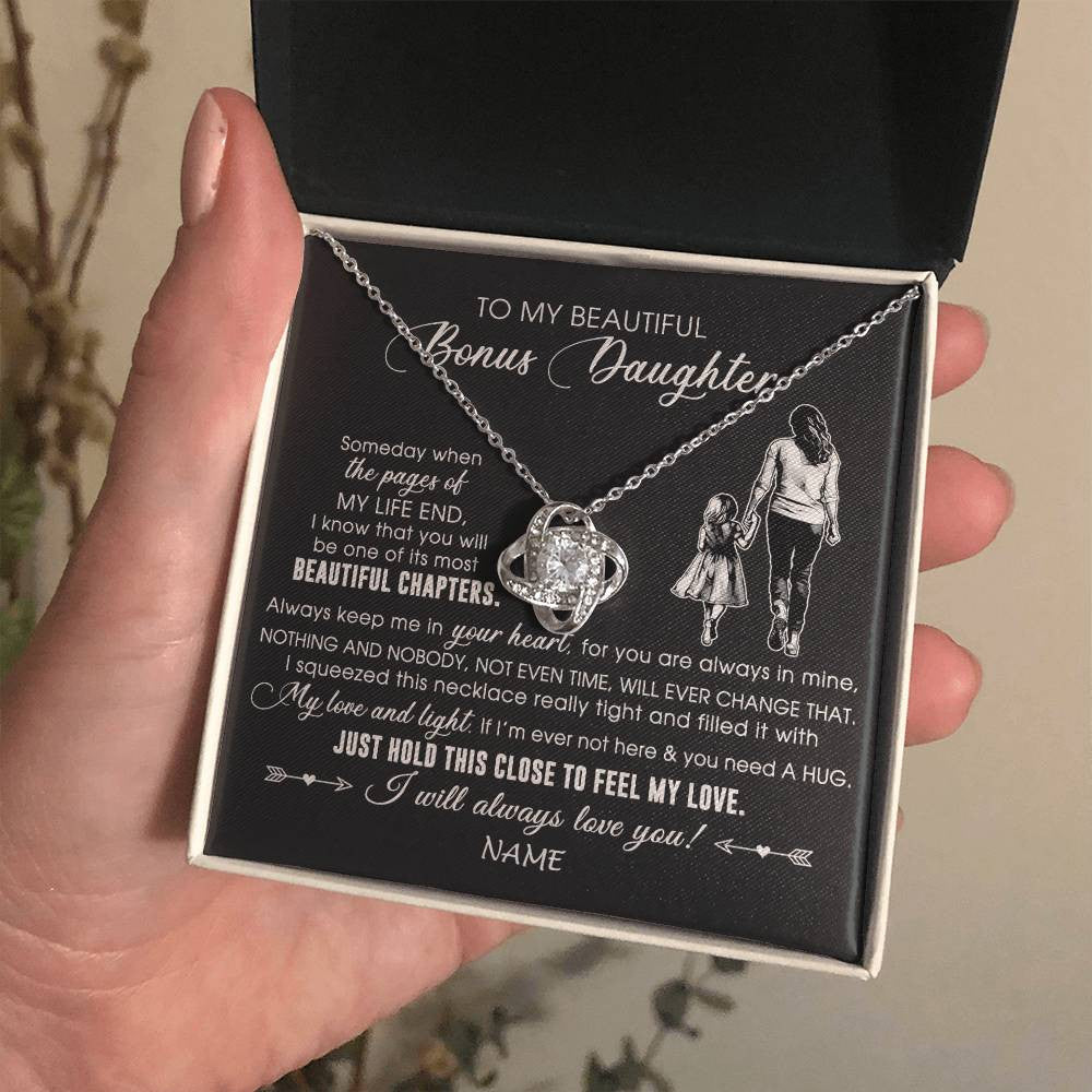 Love Knot Necklace 14K White Gold Finish | 2 | Personalized To My Beautiful Bonus Daughter Necklace From Stepmom Always Love You Stepdaugher Birthday Graduation Christmas Customized Gift Box Message Card | siriusteestore