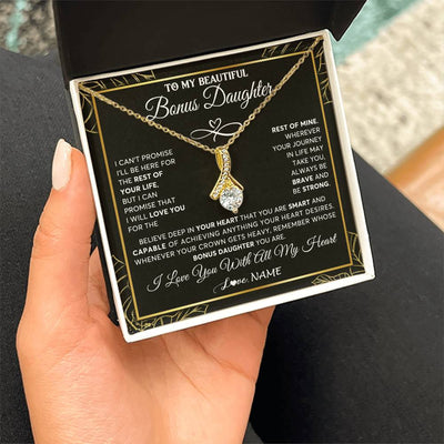 Alluring Beauty Necklace 18K Yellow Gold Finish | 2 | Personalized To My Beautiful Bonus Daughter Necklace From Stepmom Crown Jewelry Gifts For Stepdaughter Birthday Graduation Christmas Gift Box Message Card | siriusteestore
