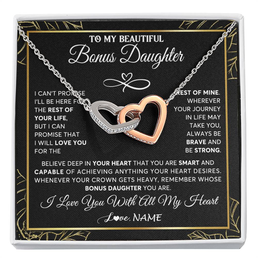 Interlocking Hearts Necklace Stainless Steel & Rose Gold Finish | 1 | Personalized To My Beautiful Bonus Daughter Necklace From Stepmom Crown Jewelry Gifts For Stepdaughter Birthday Graduation Christmas Gift Box Message Card | siriusteestore