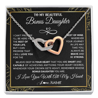 Interlocking Hearts Necklace Stainless Steel & Rose Gold Finish | 1 | Personalized To My Beautiful Bonus Daughter Necklace From Stepmom Crown Jewelry Gifts For Stepdaughter Birthday Graduation Christmas Gift Box Message Card | siriusteestore