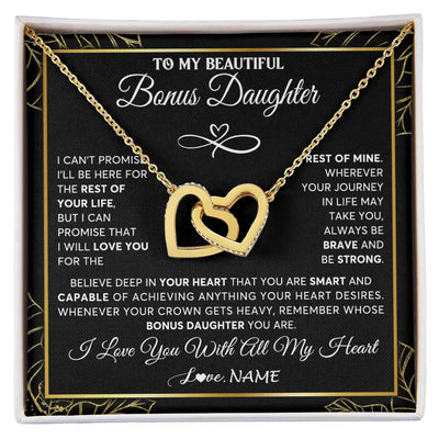 Interlocking Hearts Necklace 18K Yellow Gold Finish | 1 | Personalized To My Beautiful Bonus Daughter Necklace From Stepmom Crown Jewelry Gifts For Stepdaughter Birthday Graduation Christmas Gift Box Message Card | siriusteestore