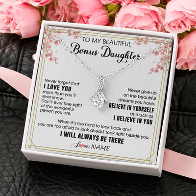 Alluring Beauty Necklace 14K White Gold Finish | 2 | Personalized To My Beautiful Bonus Daughter Necklace From Stepmom Dad I Love You Believe In You Birthday Gifts Christmas Customized Gift Box Message Card | siriusteestore