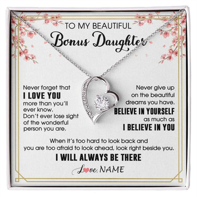Forever Love Necklace 14K White Gold Finish | 1 | Personalized To My Beautiful Bonus Daughter Necklace From Stepmom Dad I Love You Believe In You Birthday Gifts Christmas Customized Gift Box Message Card | siriusteestore