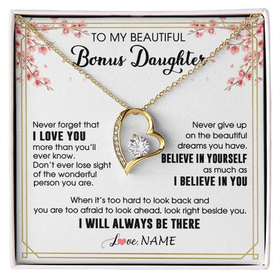 Forever Love Necklace 18K Yellow Gold Finish | 1 | Personalized To My Beautiful Bonus Daughter Necklace From Stepmom Dad I Love You Believe In You Birthday Gifts Christmas Customized Gift Box Message Card | siriusteestore